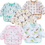 PandaEar 5 Pack Long Sleeve Bibs| Waterproof Full Bib with Sleeves for Babies Infant Toddler 6-24 Months| Mess Proof Baby Smock for Eating| Baby Apron for Feeding
